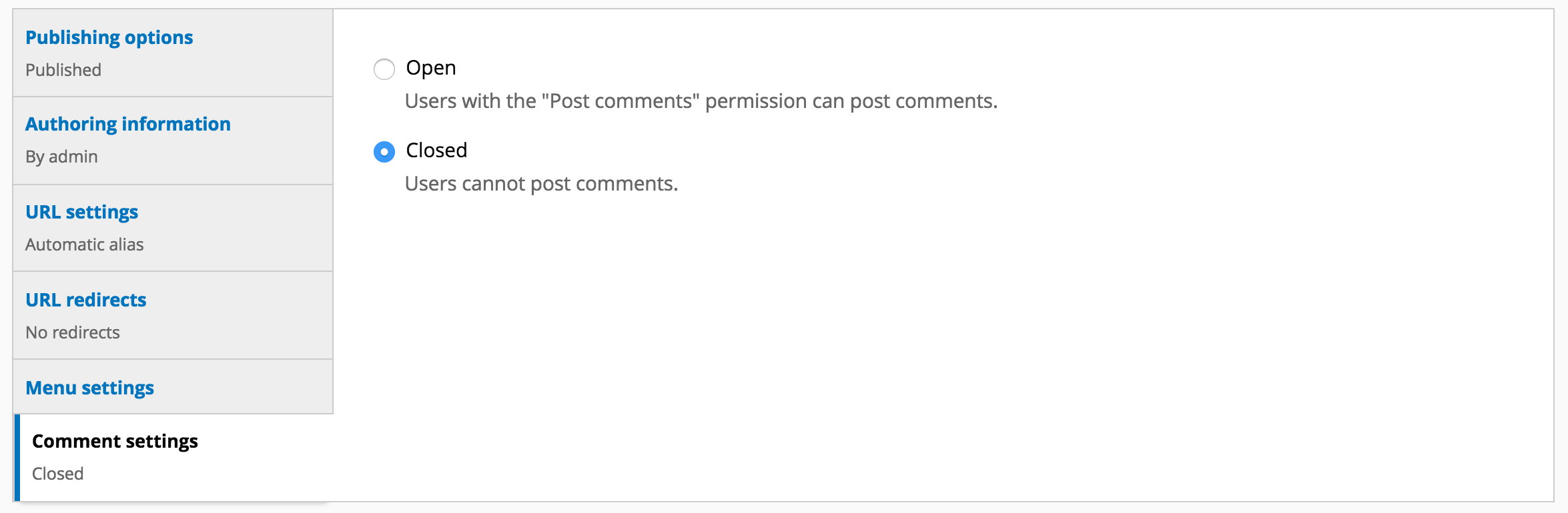 Image of Comment settings in vertical tab