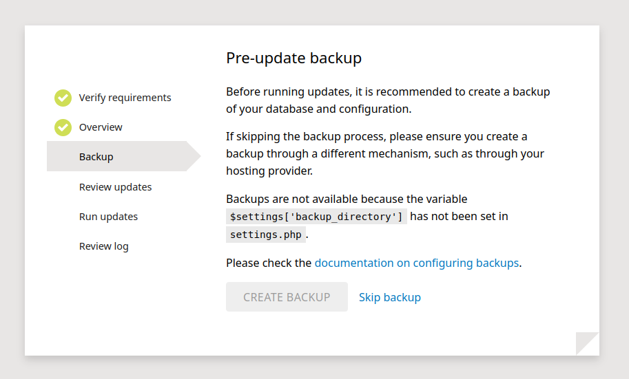 Screenshot showing a message indicating backups are not configured on update.php.