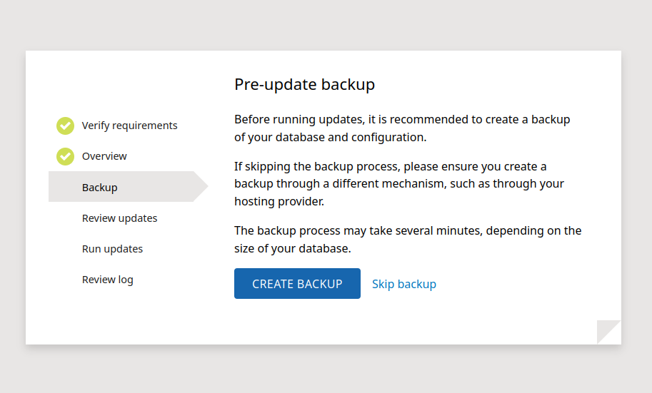 Screenshot showing the "Create backup" button is enabled as a part of update.php.